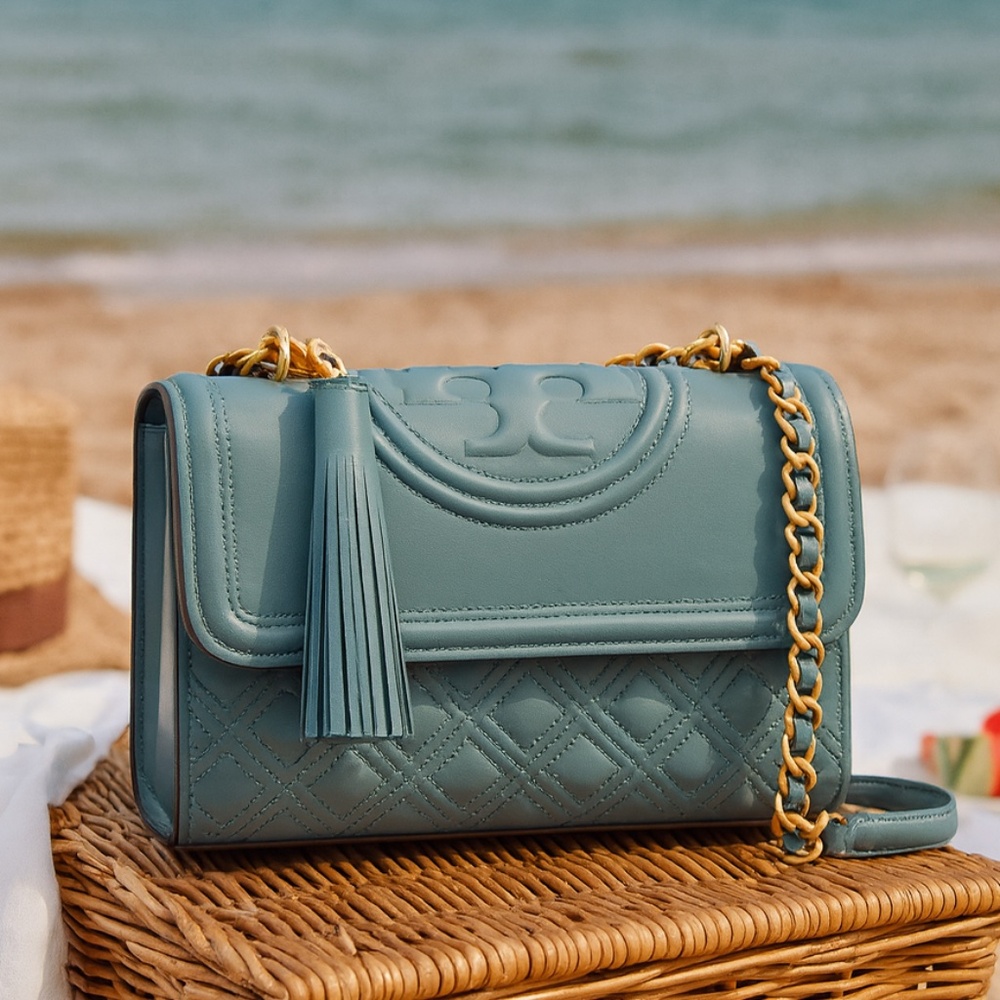 NEW Tory Burch Fleming Arctic Blue Leather Small Convertible Shoulder Bag